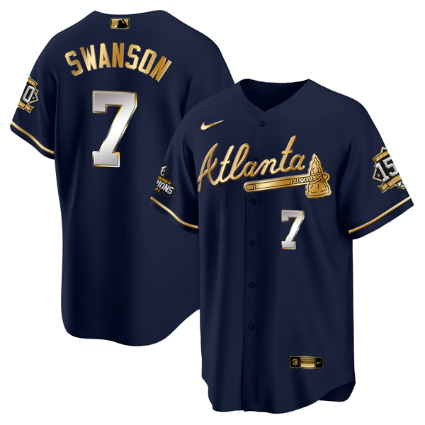 Men's Atlanta Braves #7 Dansby Swanson 2021 Navy/Gold World Series Champions With 150th Anniversary Patch Cool Base Stitched Jersey Men's Atlanta Braves #7 Dansby Swanson 2021 Navy/Gold World Series Champions With 150th Anniversary Patch Cool Base Stitched Jersey